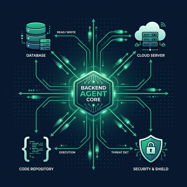 An AI agent orchestrating backend infrastructure, symbolized by a central glowing hub connecting to database, server, and cloud icons in a dark, professional technical style