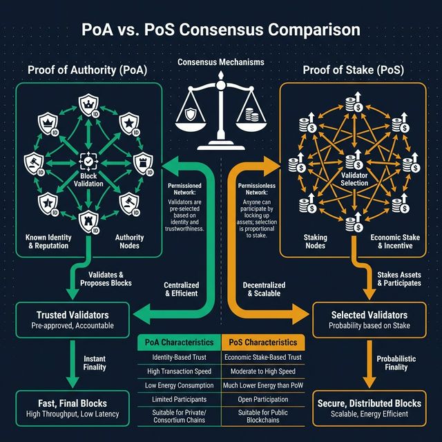 Technical illustration comparing Proof of Authority (PoA) and Proof of Stake (PoS) architectures