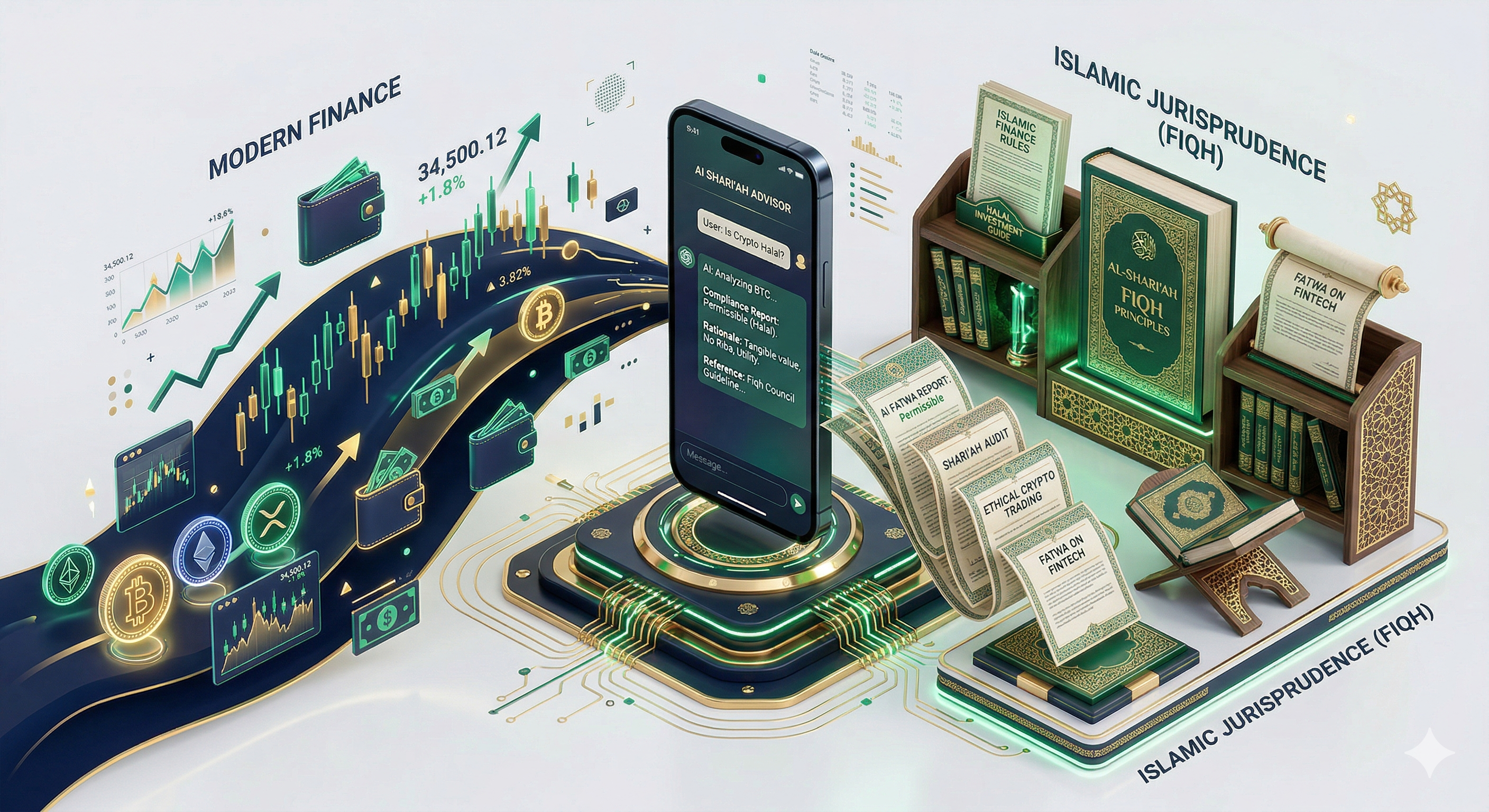 Illustration of an AI assistant analyzing modern financial transactions and Islamic finance contracts