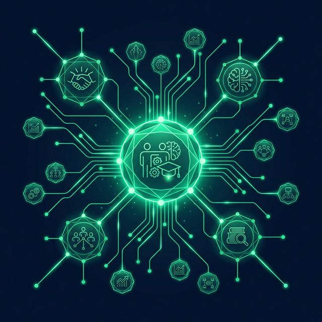 Dark-themed conceptual illustration representing mentorship and academic synchronization